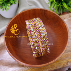 Light Pink Leaf Pattern Kundan Silk Thread Bangles Design (Set of 2 Bangles)