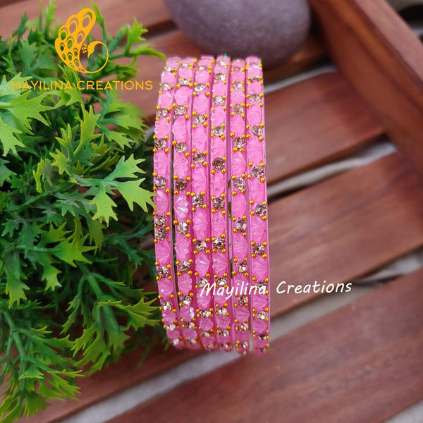 Light Pink Lotus Design Glass Bangles (Set of 6 bangles)