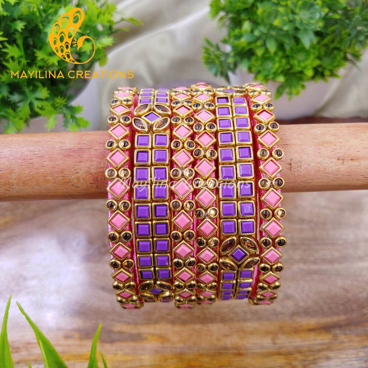 Light Pink and Violet Kundan Kada Bangles with Border Rhombus Pattern - Silk Thread Bangles (Set of 6 Bangles). 