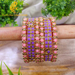 Light Pink and Violet Kundan Kada Bangles with Border Rhombus Pattern - Silk Thread Bangles (Set of 6 Bangles). 