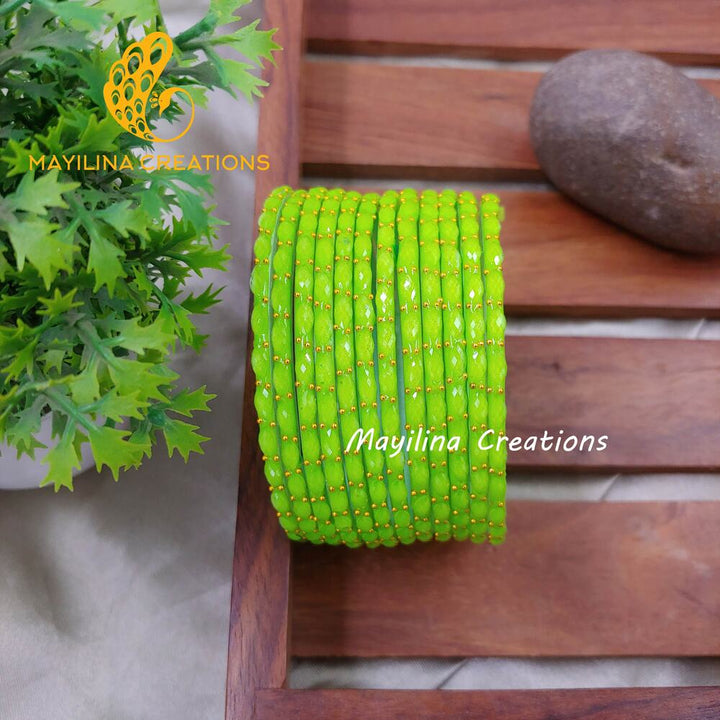 Lime Green Matte Raindrop Glass Bangles (Set of 12 Bangles)