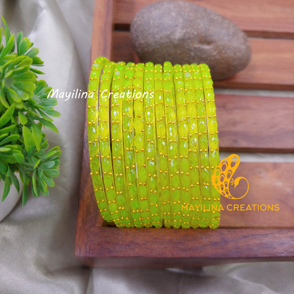 Lime Green Raindrop Glass Bangles (Set of 12 Bangles)