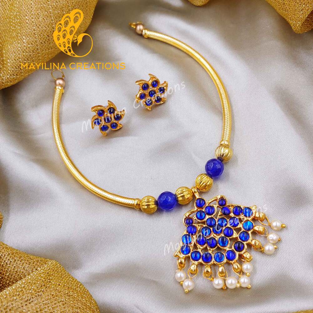 Blue Kemp Choker with Flower Stud Handmade Indian Traditional Jewelry