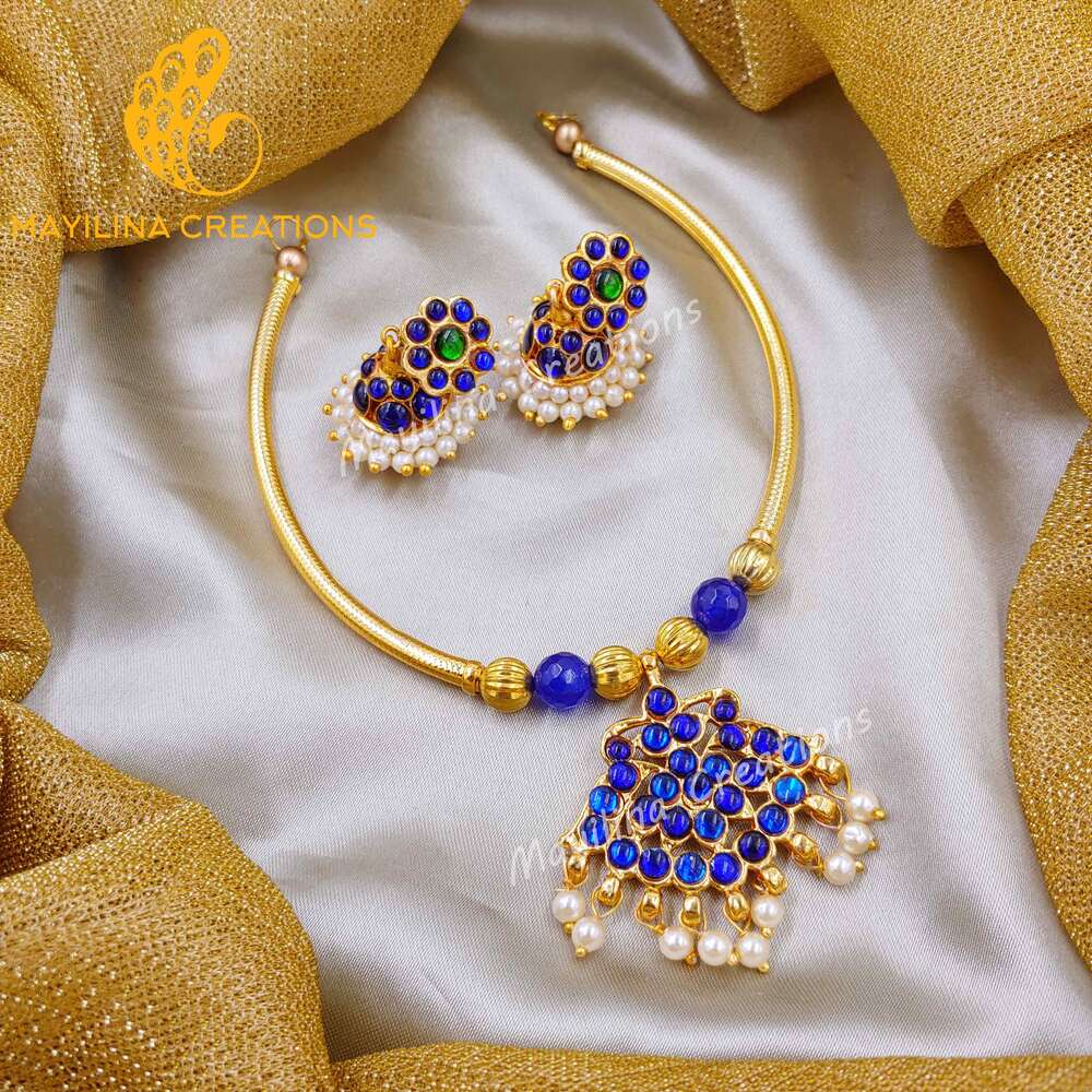 Blue Kemp Choker with Jhumka Handmade Indian Traditional Jewelry