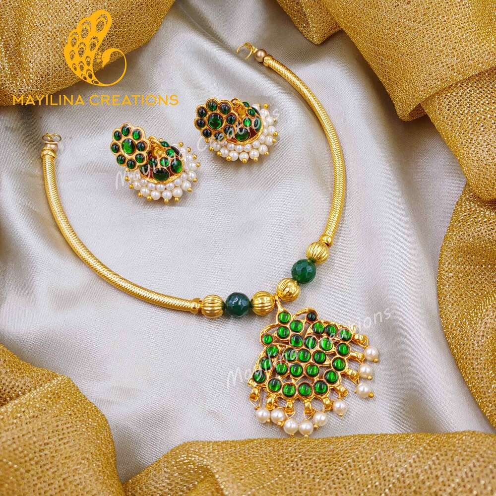 Green Kemp Choker with Jhumka Handmade Indian Traditional Jewelry