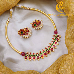 Ithala - Kemp Red Choker with Jhumka Handmade Indian Traditional Gold Plated Jewelry