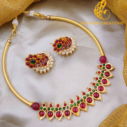 Ithala - Kemp Red Choker with Jhumka Handmade Indian Traditional Gold Plated Jewelry