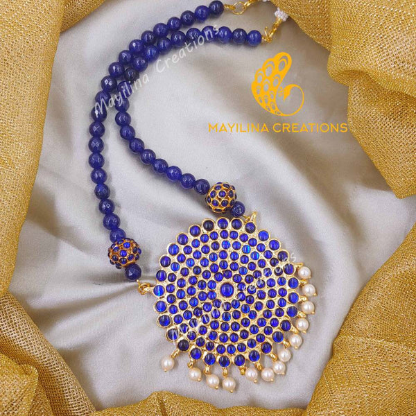 Pouravi - Blue Kemp Sun Pendant long Haram Handmade Indian Traditional Jewelry