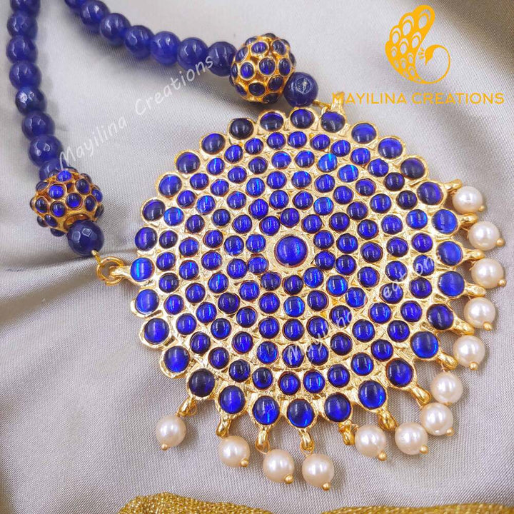 Pouravi - Blue Kemp Sun Pendant long Haram Handmade Indian Traditional Jewelry