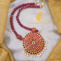 Pouravi - Red Kemp Sun Pendant long Haram Handmade Indian Traditional Jewelry