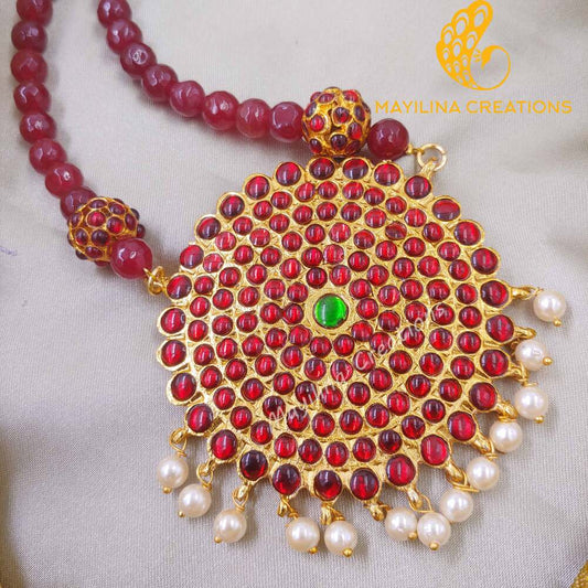 Pouravi - Red Kemp Sun Pendant long Haram Handmade Indian Traditional Jewelry