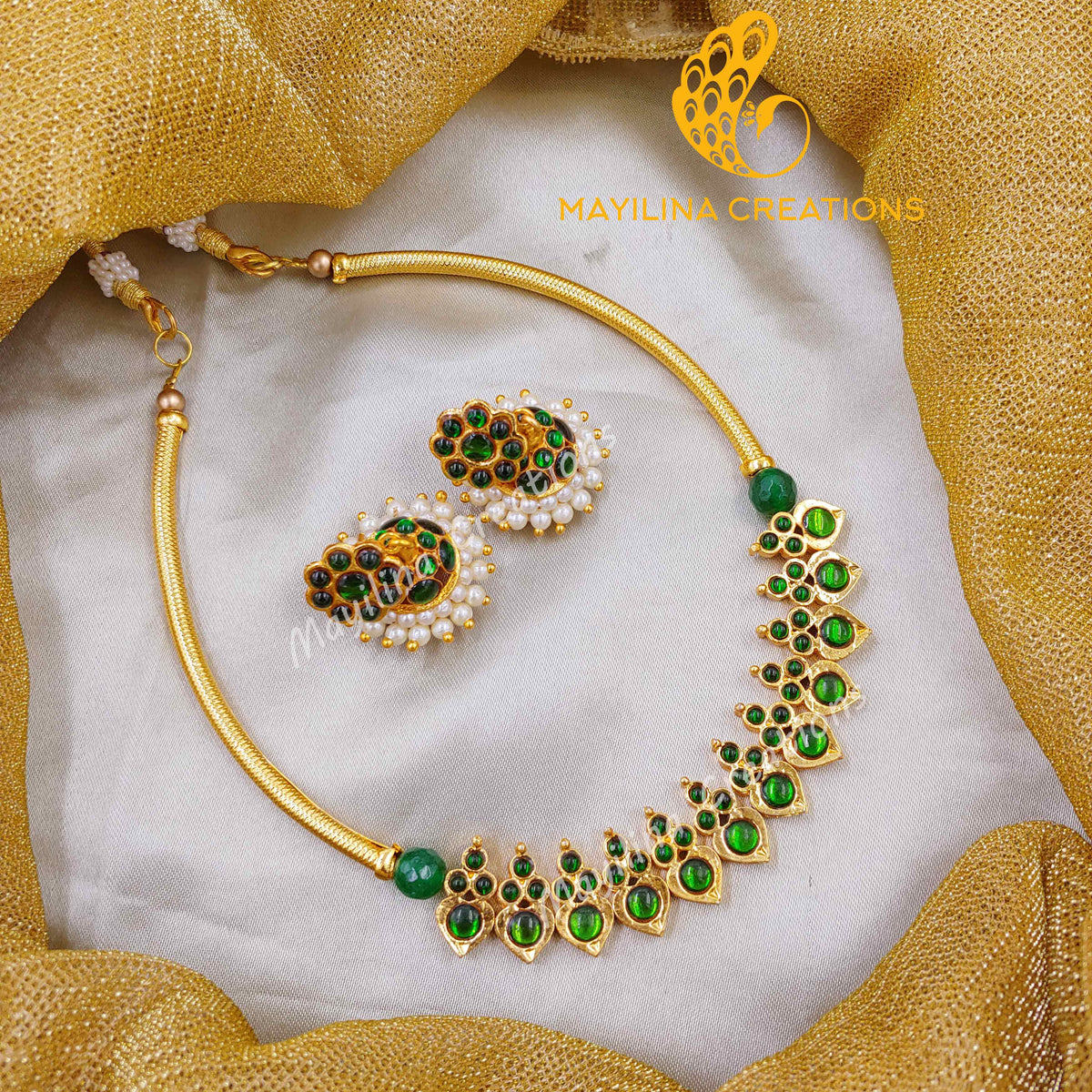 Ithala - Kemp Green Choker with Jhumka Handmade Indian Traditional Gold Plated Jewelry