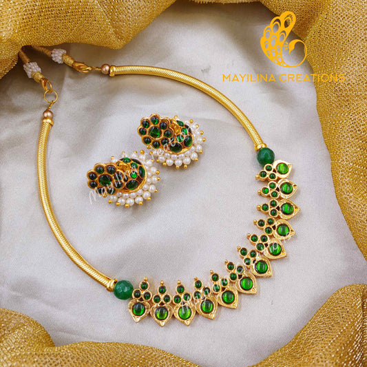 Ithala - Kemp Green Choker with Jhumka Handmade Indian Traditional Gold Plated Jewelry