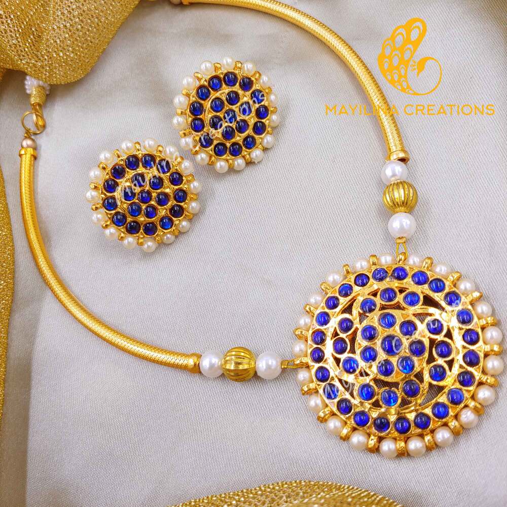 Chandika Blue Kemp Round Moon Choker with Round Stud Handmade Indian Traditional Jewelry