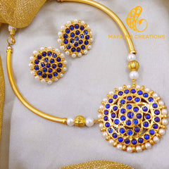 Chandika - Blue Kemp Round Moon Choker with Round Stud Handmade Indian Traditional Jewelry