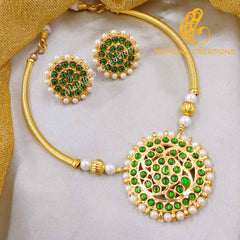 Chandika - Green Kemp Round Moon Choker with Round Stud Handmade Indian Traditional Jewelry