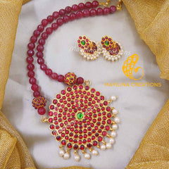 Pouravi - Red Kemp Sun Pendant long Haram with Jhumka Handmade Indian Traditional Jewelry