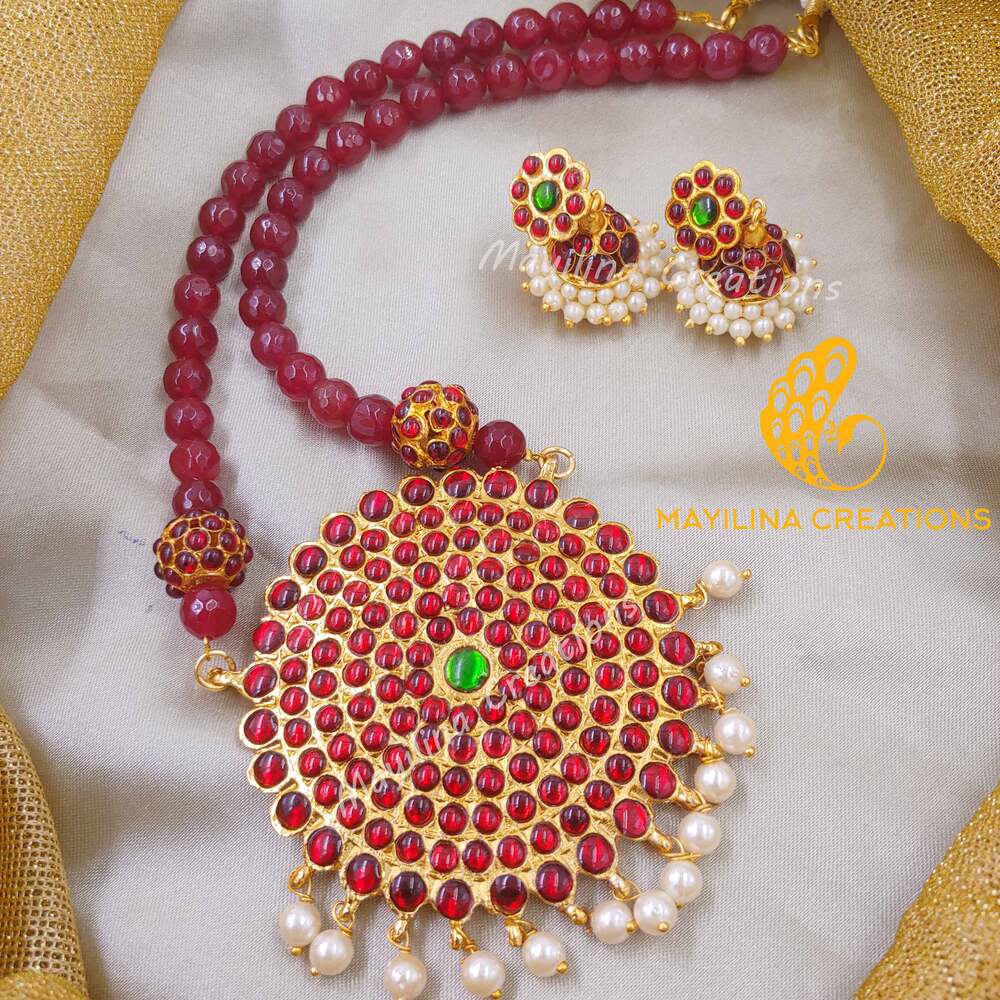 Pouravi - Red Kemp Sun Pendant long Haram with Jhumka Handmade Indian Traditional Jewelry