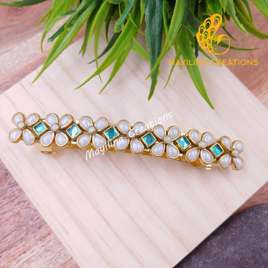 Turquoise and White Pearl Kundan Large Centre Clip