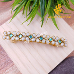 Turquoise and White Pearl Kundan Large Centre Clip