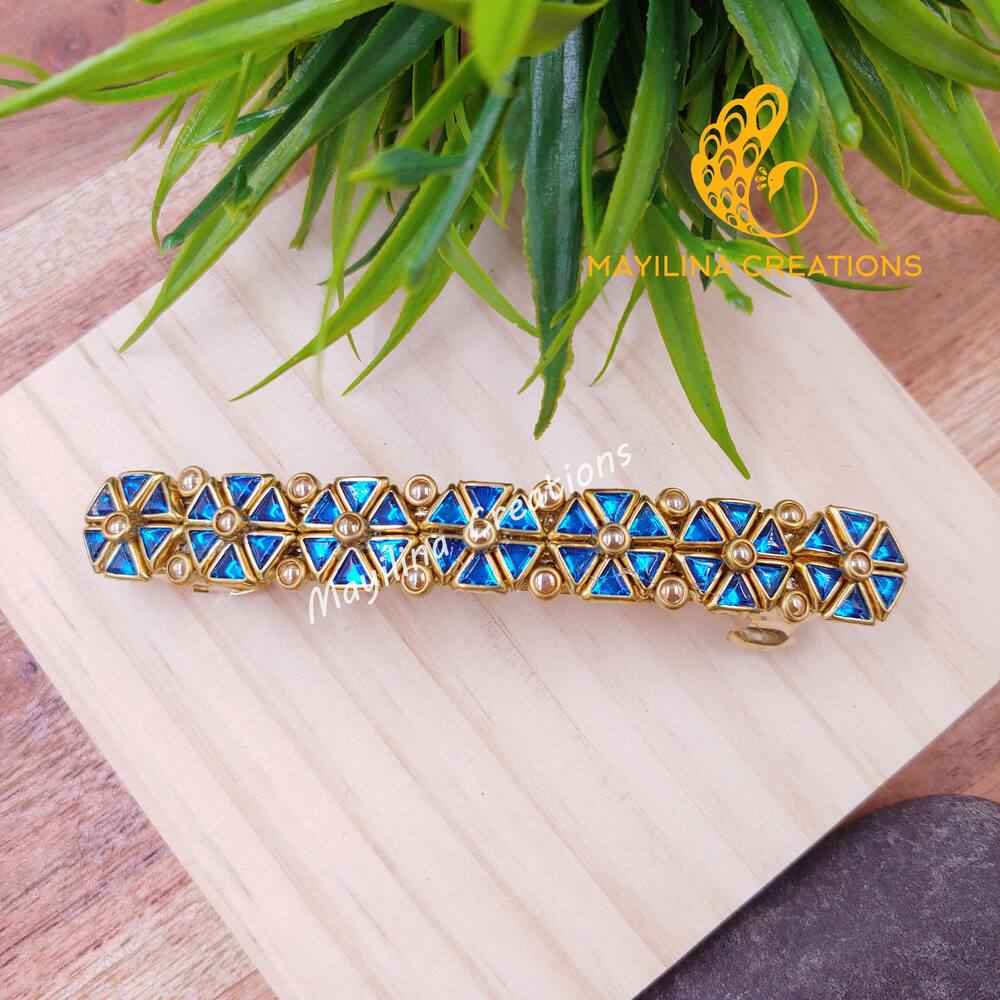 Light Blue and Gold Kundan Large Centre Clip