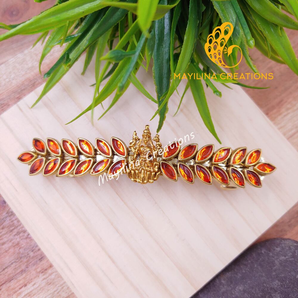 Orange Kundan Large Centre Clip with Lakshmi