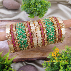 Green and Pink Silk Thread Bangles with Kundan Work for Wedding