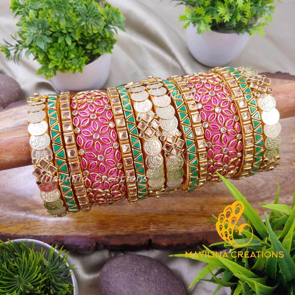 Pink and Green Silk Thread Bangles with Kundan Work for Wedding