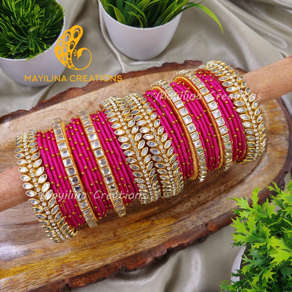 Dark Pink Silk Thread Kundan Bangles with Metal Bangles