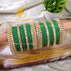 Dark Green Silk Thread Kundan Bangles with Metal Bangles