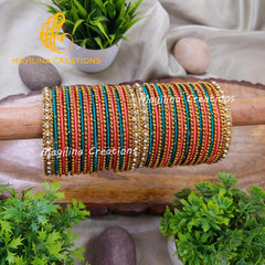 Orange and Teal Silk Thread Metal Bangles Bridal Set for Wedding for Women