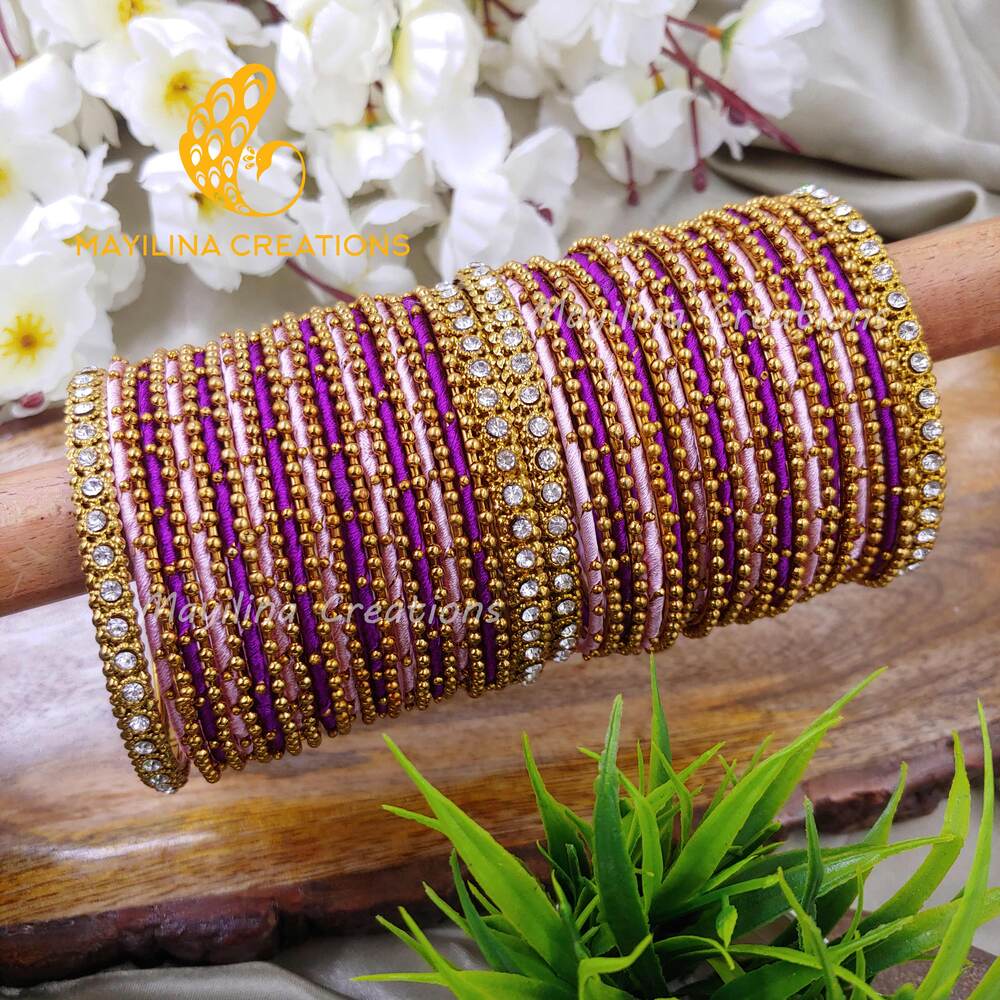 Purple and Pink Silk Thread Metal Bangles Bridal Set for Wedding for Women