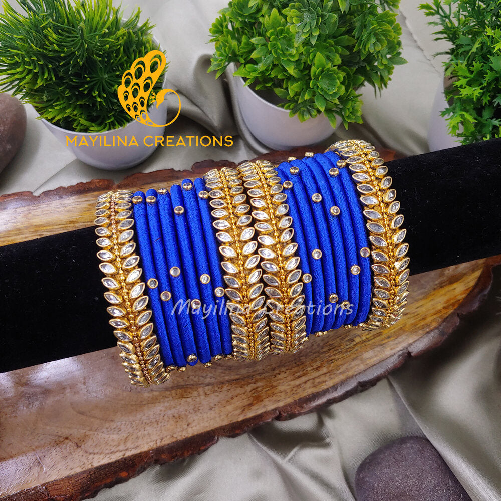 Blue Silk Thread Bangles With Kundan Leaf Bangles for Wedding