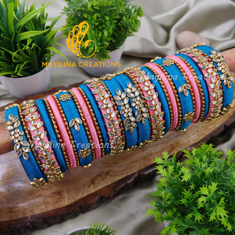 Teal Blue and Pink Silk Thread Kundan Bridal Bangles with Gold Bead Bangles Design