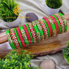 Green and Pink Sky Blue and Pink Silk Thread Kundan Bridal Bangles with Gold Bead Bangles Design