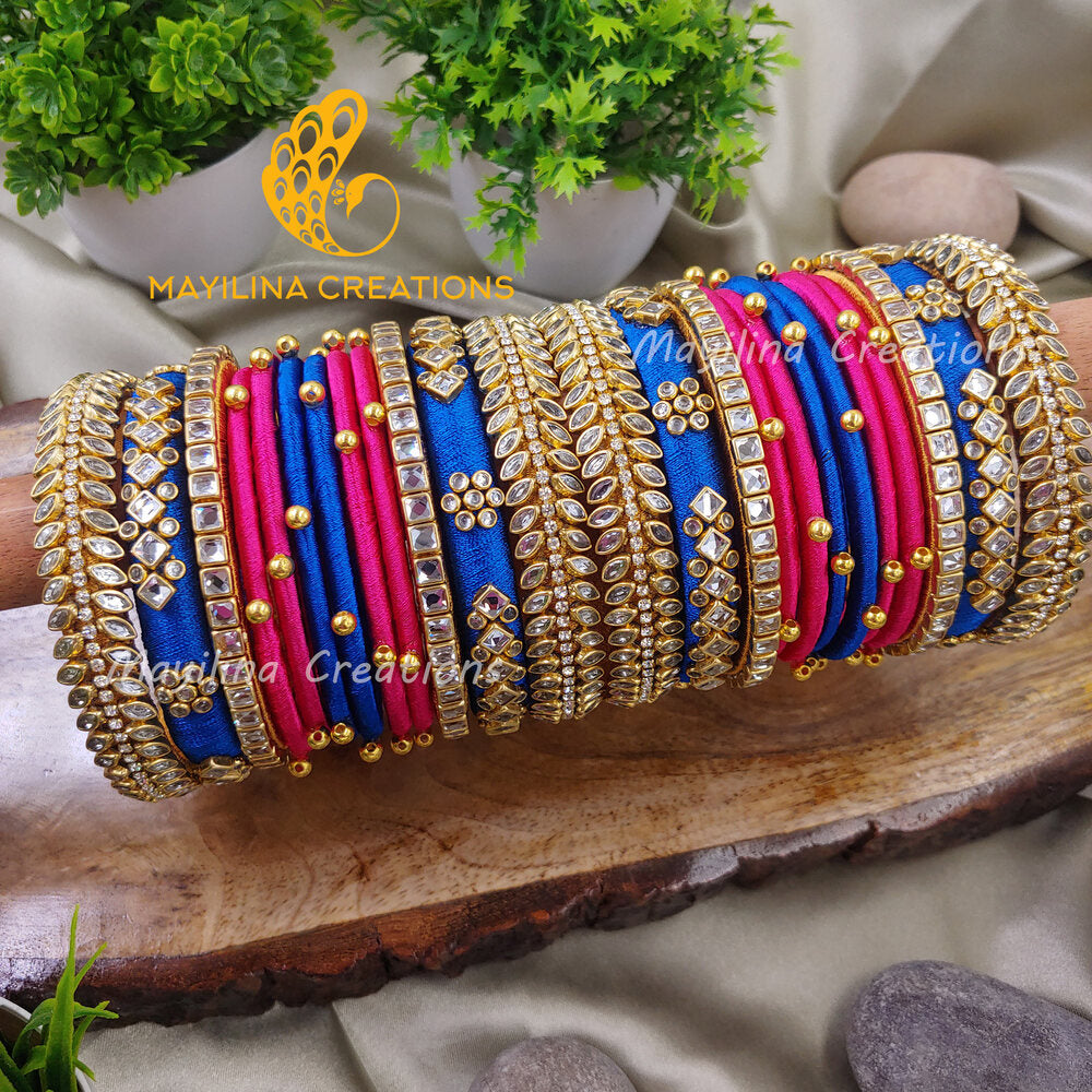 Blue and Pink Silk Thread Bridal Bangles for Wedding