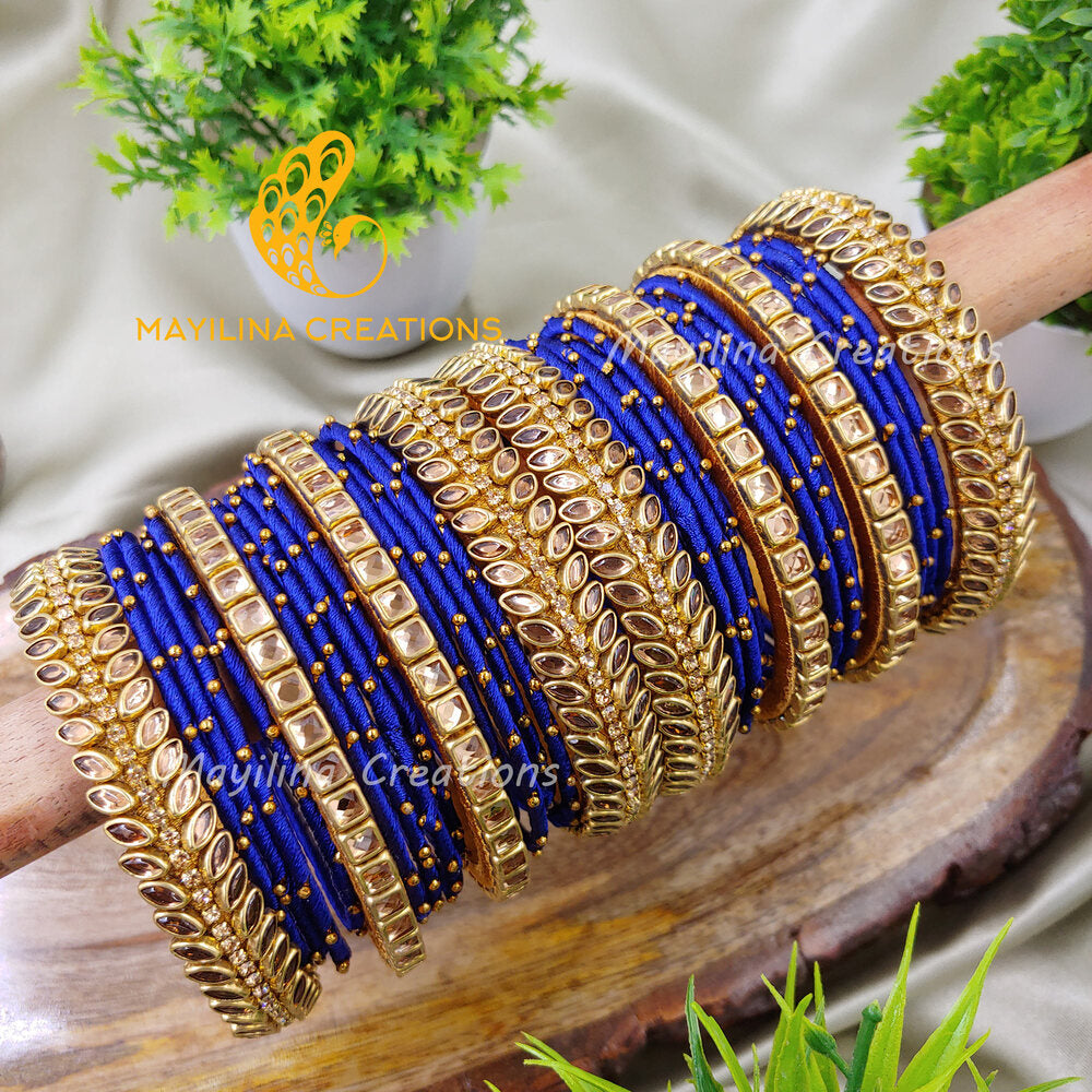 Blue and Gold Thread Bangle SetBlue and Gold Thread Bangles for Wedding