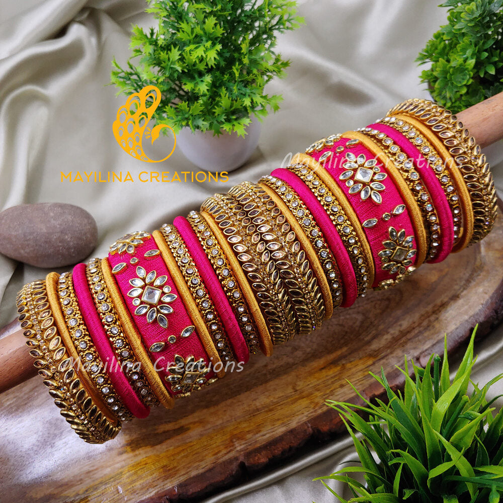 Dark Pink Rich Kundan Bridal Silk Thread Bangles for Wedding