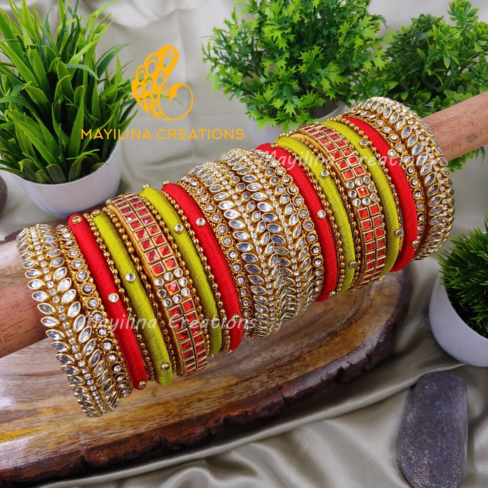 Orange and Green Silk Thread Kundan Bangles for Wedding