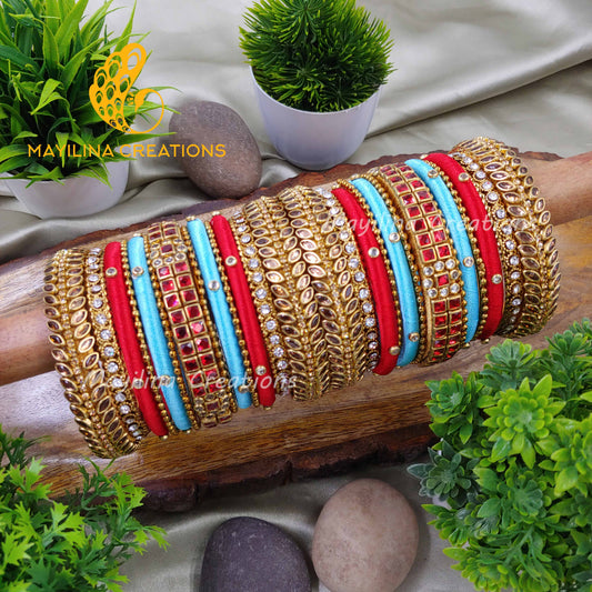 Blue and Red Silk Thread Kundan Bangles for Wedding