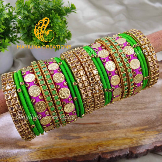 Green and Magenta Silk Thread Kundan Bangles with Lakshmi Coin Bangles