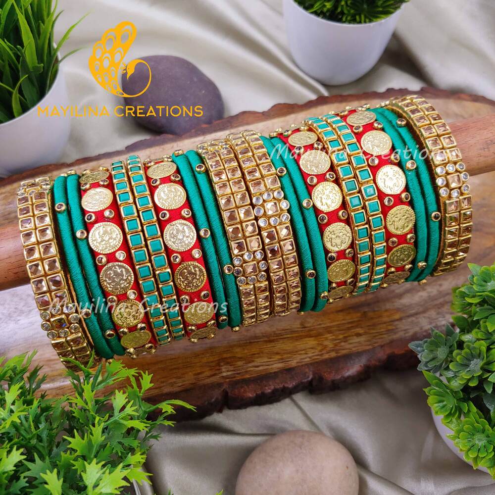 Teal and Red Silk Thread Kundan Bangles with Lakshmi Coin Bangles