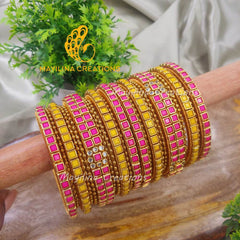 Pink and Yellow Budget Friendly Full Kundan Silk Thread Bangles for Wedding