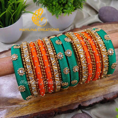 Green and Orange Kundan Work Silk Thread Bangles