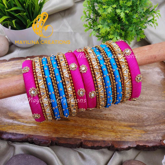 Pink and Blue Kundan Work Silk Thread Bangles