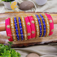 Rose and Dark Blue Kundan Work Silk Thread Bangles