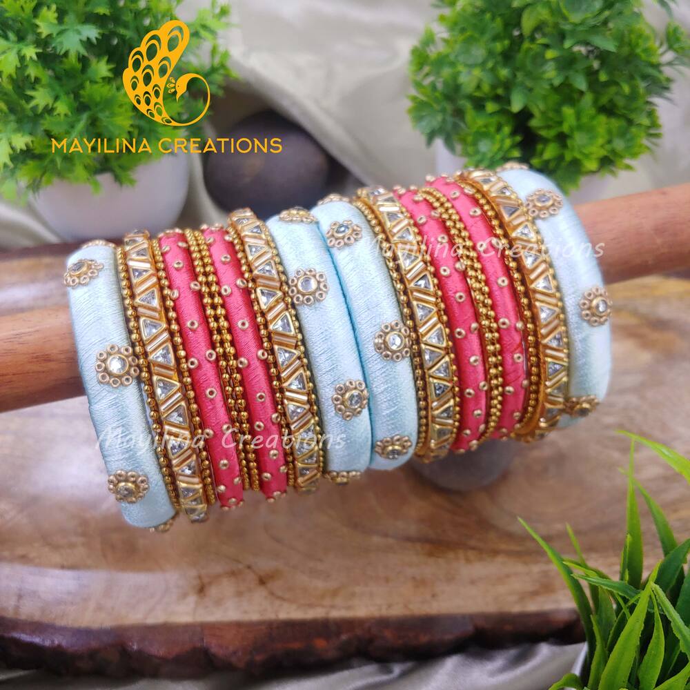 Light Blue and Pink Kundan Work Silk Thread Bangles