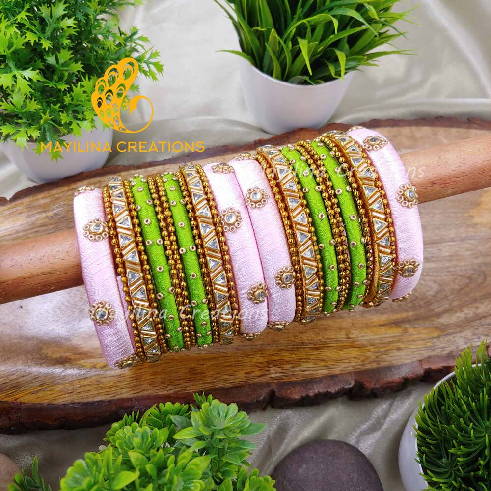 Light Pink and Light Green Kundan Work Silk Thread Bangles