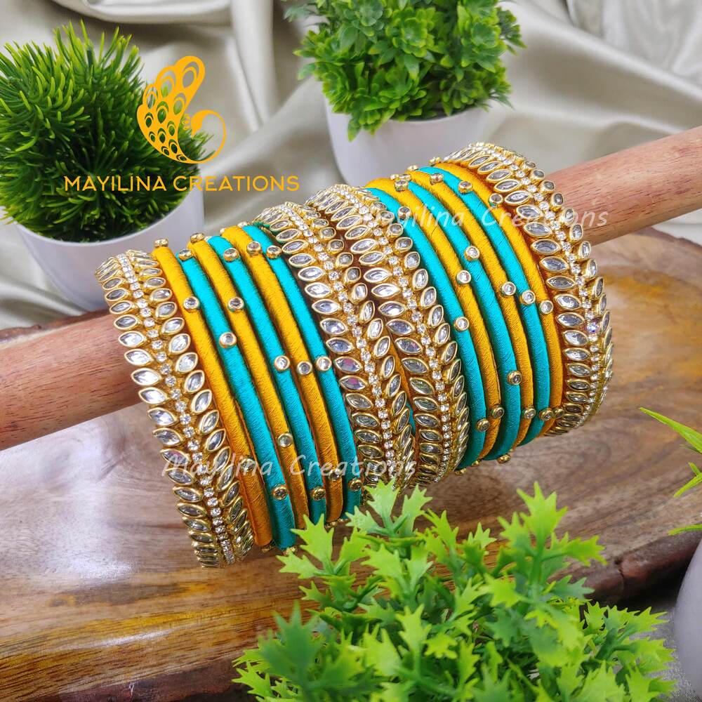 Yellow and Blue Silk Thread Bangles for Women