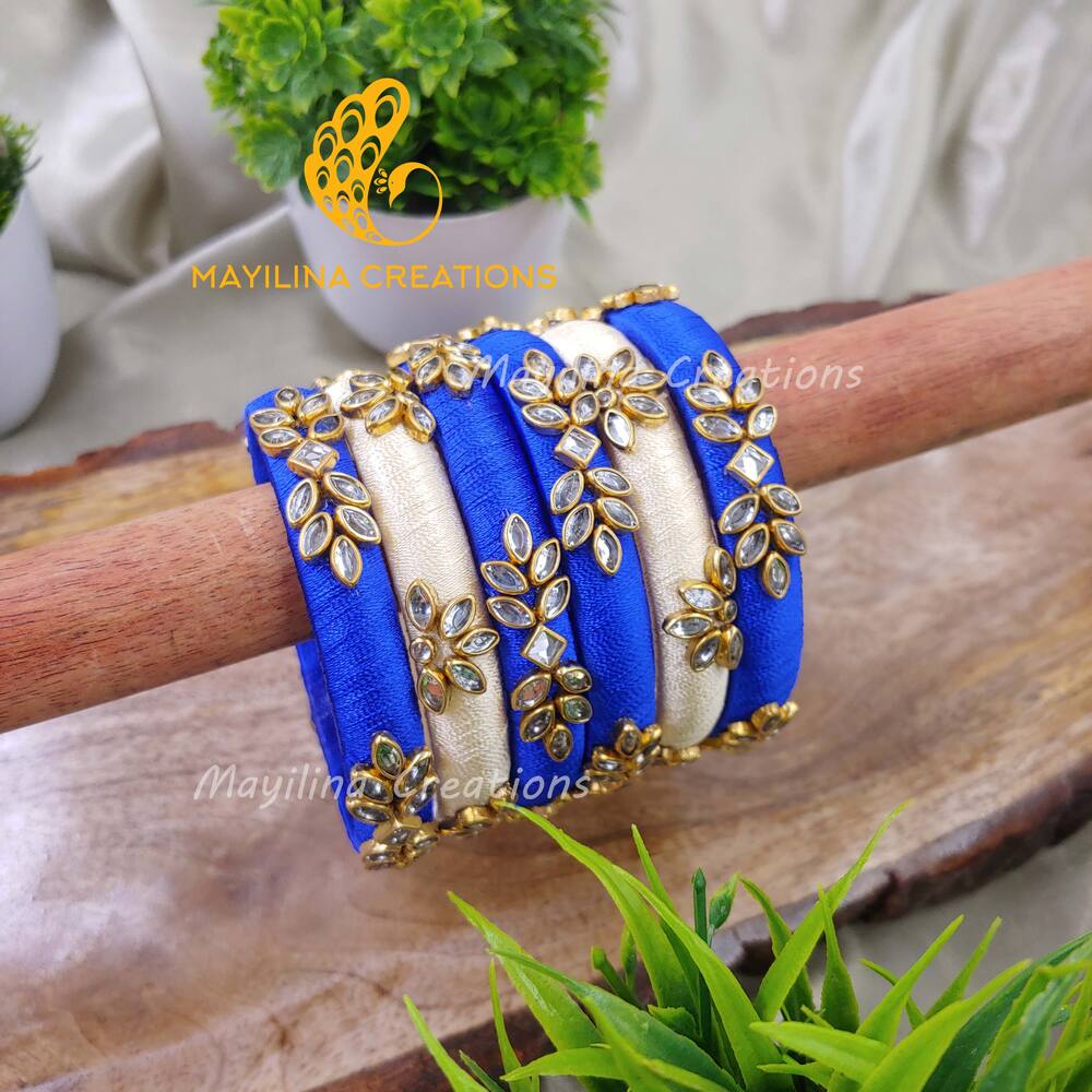 Blue and Cream Silk Thread Bangles for Women